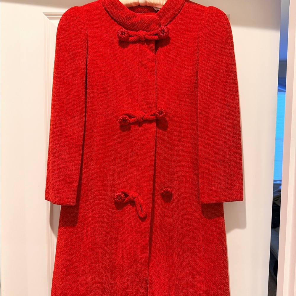 Classic Red Chenille Coat with Bow Accents
